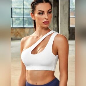 Womens Size Medium Asymmetrical White Sports Bra 1 Shoulder Cut Out